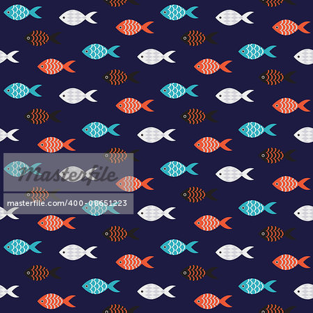Vector fish seamless pattern. School of small red and black fish in rows on dark blue sea pattern. Summer marine theme.
