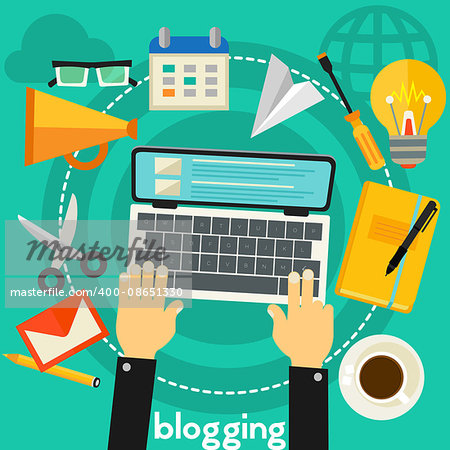Blogging concept banner. Square composition, vector illustration