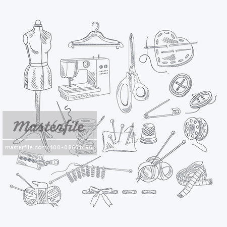 Tailor Shop Equipment Set Hand Drawn Artistic Vector Illustration In Sketch Style On White Background