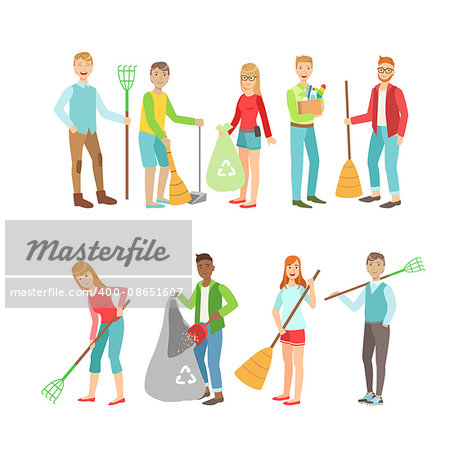 Adult People Cleaning Up Outdoors Set Of Simple Cartoon Flat Vector Colorful Characters On White Background