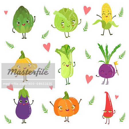 Funny Girly Design Vegetables Collection Of Adorable Flat Cartoon Humanized Vector Drawn Characters