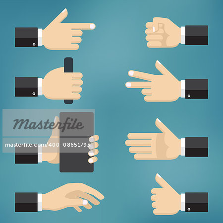 Illustration of collection of hand gestures on the blue background. Also available as a Vector in Adobe illustrator EPS 10 format.
