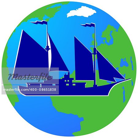 Ancient sailing ship on the background of the Earth. The illustration on a white background.