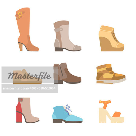 Different Shoes Assortment Flat Simplified Cartoon Style Bright Color Vector Illustration On White Background