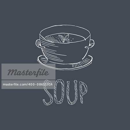 Soup Sketch Style Chalk On Blackboard Menu Item Vector Illustration Hand Drawn On Dark Background