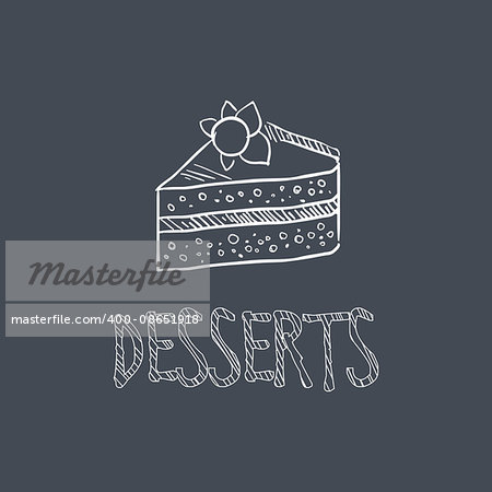 Dessert Sketch Style Chalk On Blackboard Menu Item Vector Illustration Hand Drawn On Dark Background