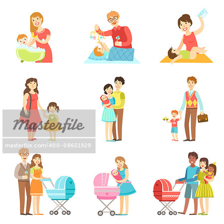 Happy Families With Kids And Babies Flat Childish Cartoon Style Bright Color Vector Illustration On White Background