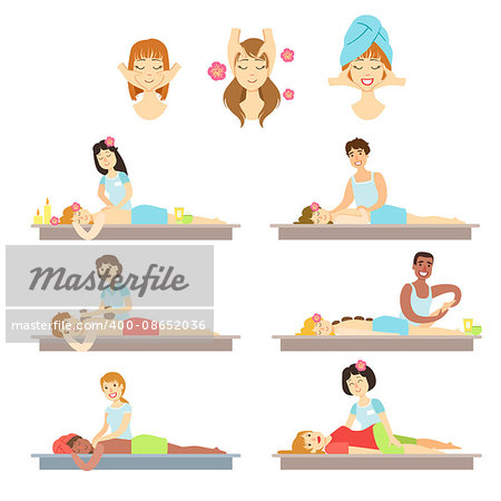 People Getting Facial And Body Massage In Spa Flat Childish Cartoon Style Bright Color Vector Illustration On White Background