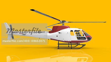 Red-white civilian helicopter on a yellow uniform background. 3d illustration