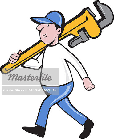 Illustration of a plumber holding monkey wrench on shoulder walking viewed from side set on isolated white background done in cartoon style.