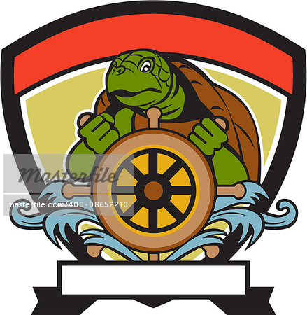 Illustration of a ridley turtle at the helm sterring wheel viewed from front set inside crest shield done in retro style.