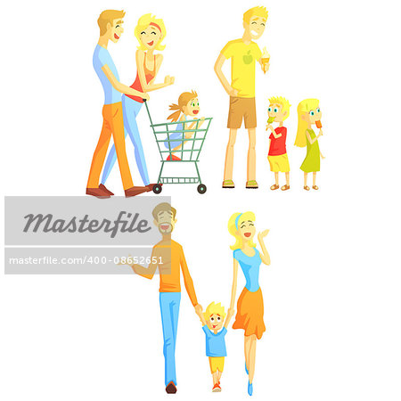 Family Weekend Illustration Of Simple Stylized Flat Vector Drawings On White Background