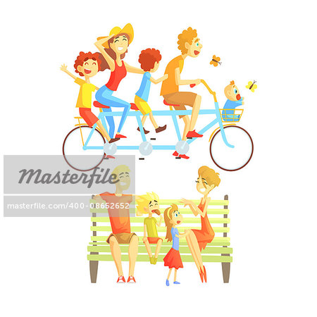 Family Weekend Outdoors Illustration Of Simple Stylized Flat Vector Drawings On White Background