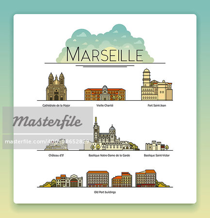 Set of the Marseille, France, the most famous travel destinations and buildings