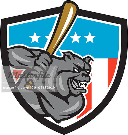 Illustration of a bulldog baseball player batter hitter batting viewed from side set inside shield crest with usa stars and stripes flag in the background done in retro style.