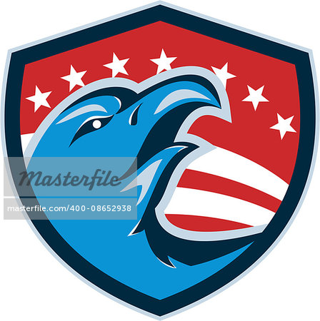 Illustration of a bald eagle head looking up viewed from the side set inside shield crest with stars and stripes in the background done in retro style.