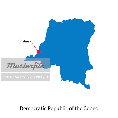Detailed vector map of Democratic Republic of the Congo and capital city Kinshasa
