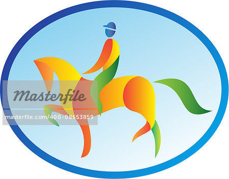 Illustration of an equestrian rider riding horse dressage viewed from the side set inside oval shape on isolated background done in retro style.