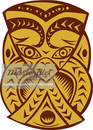 Illustration of a traditional maori mask viewed from front set on isolated white background done in retro woodcut style.