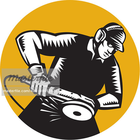 Illustration of a worker wearing hat and ear muffs holding angle grinder working viewed from side set inside circle done in retro woodcut style.