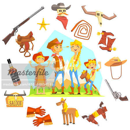 Family Dressed As Cowboys Surrounded By Wild West Related Objects Cool Colorful Vector Illustration In Stylized Geometric Cartoon Design
