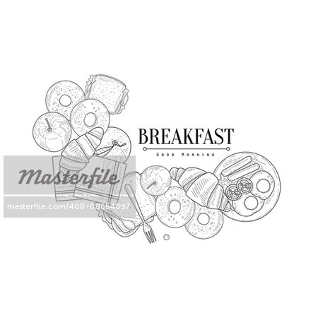 Full English Breakfast Set Hand Drawn Realistic Detailed Sketch In Classy Simple Pencil Style On White Background