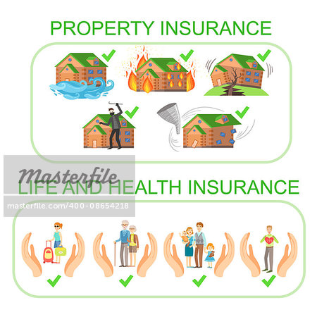 Property, Life And Health Insurance Infographic Poster In Simple Flat Bright Color Style On White Background