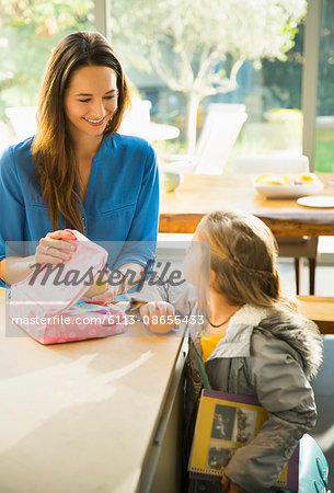 Mother packing lunch for daughter in kitchen