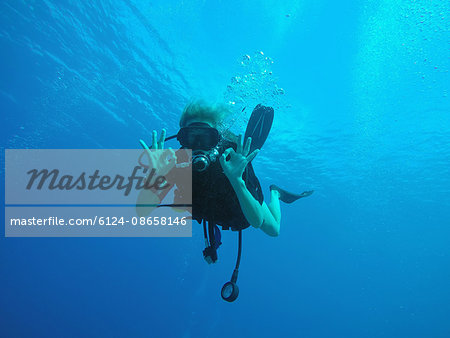 Portrait of confident scuba diver gesturing okay underwater