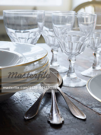 Sweden, Plates, spoons and drinking glasses on table