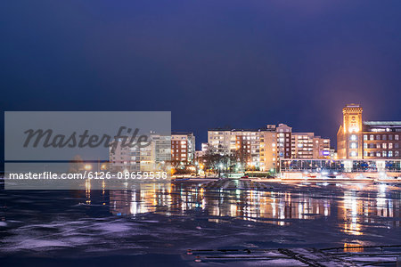 Finland, Pirkanmaa, Tampere, Illuminated cityscape a night