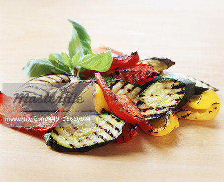 Food, cooked vegetables, grilled courgettes, red peppers, yellow peppers, basil leaf