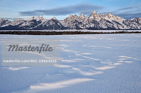 Tetons at dawn in the winter, Grand Teton National Park, Wyoming, United States of America, North America