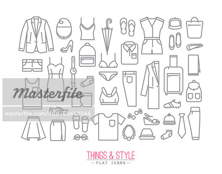 Set of clothes icons in flat style drawing with grey lines on white background
