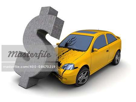 3d illustration of car crash with dollar sign, over white background