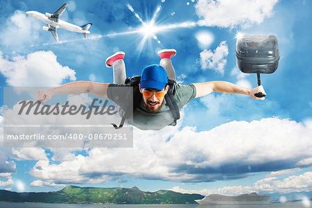 Man flies in the sky with baggage