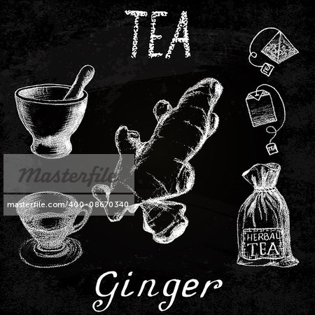 Ginger herbal tea. Chalk board set of vector elements on the basis hand pencil drawings. Ginger root, tea bag, mortar and pestle, textile bag, cup. For labeling, packaging, printed products