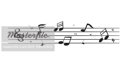 Black song notes floating on five lines isolated on white background