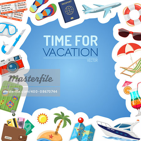 Vacation and Tourism Frame with Flat Icons for Mobile Applications, Web Site, Advertising like Boat, Cocktail, Island, Aircraft and Suitcase.