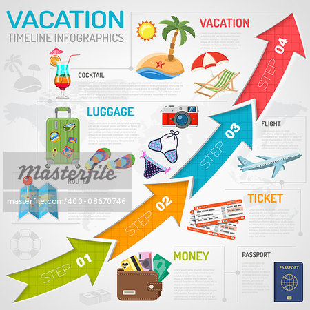 Vacation, Holiday, Tourism Timeline Infographics for Mobile Applications, Web Site, Advertising with Beach, Cocktail, Ticket Flat Icons and Arrows.