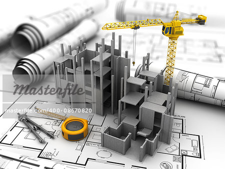 abstract 3d illustration of construction over blueprints