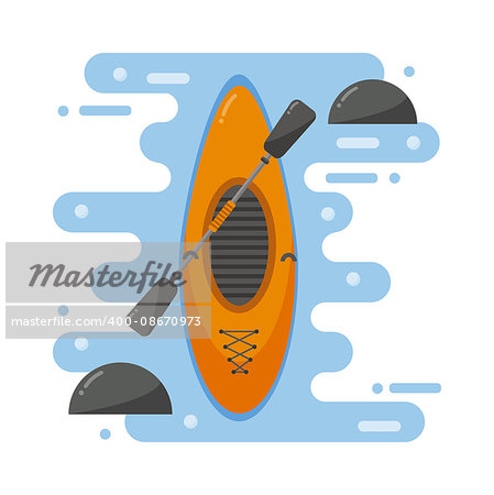 Top view of crossover kayaking boat whitewater and river running kayaking boat isolated. Vector kayaking boat river landscape, orange boat, rowing river. Transportation health sport.