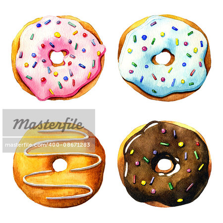 Four watercolor donut on a white background