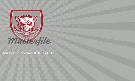 Business card showing illustration of an angry wild pig boar razorback head viewed from the front set inside shield crest done in retro style.