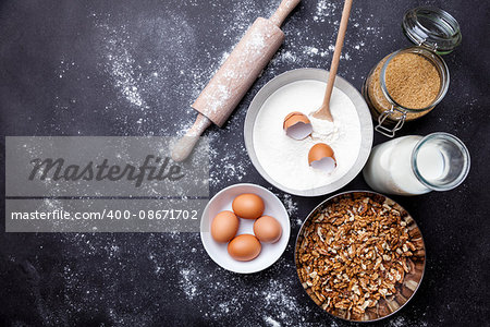 Baking and cooking concept, variety of ingredients and utensils with copyspace