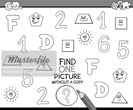 Black and White Cartoon Illustration of Educational Activity of Single Picture Search for Preschool Children for Coloring Book