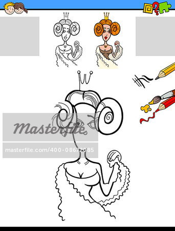 Cartoon Illustration of Drawing and Coloring Educational Activity Task for Preschool Children with Princess Character