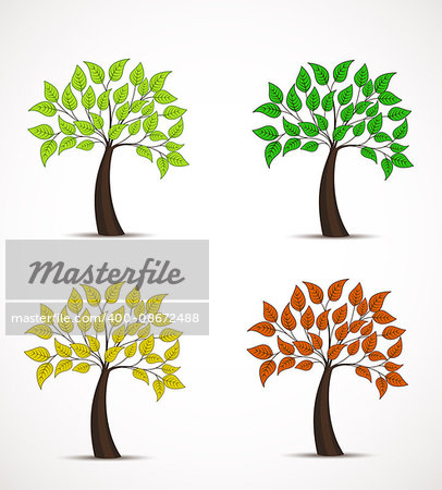 Vector tree in four colors, decorative tree with leaves