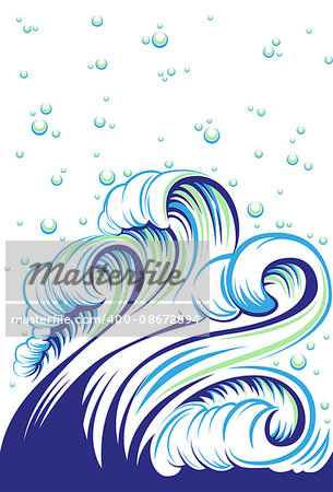 Blue high sea wave with bubbles. Vector illustration