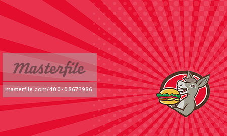 Business card showing illustration of a donkey, ass, mule or horse mascot serving up a hamburger burger sandwich viewed from the side set inside oval shape on isolated background done in retro style.